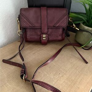 she + lo Burgundy Leather Woven Crossbody Bag